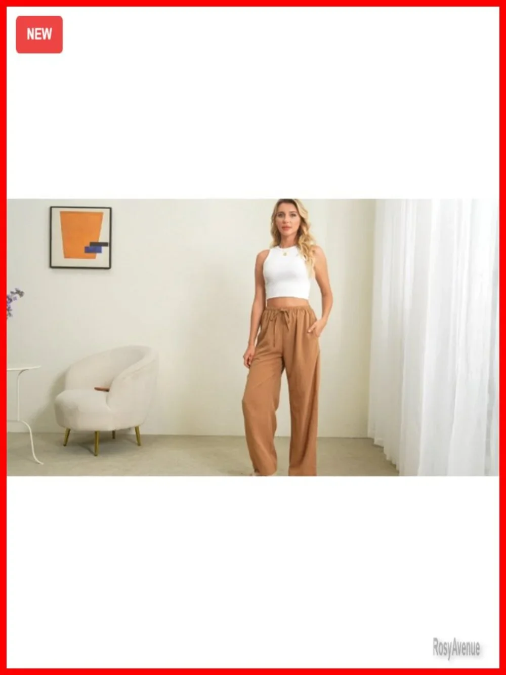 Casual Pants Drawstring Elastic Waist Flowy Wide Leg Beach Trousers with Pockets